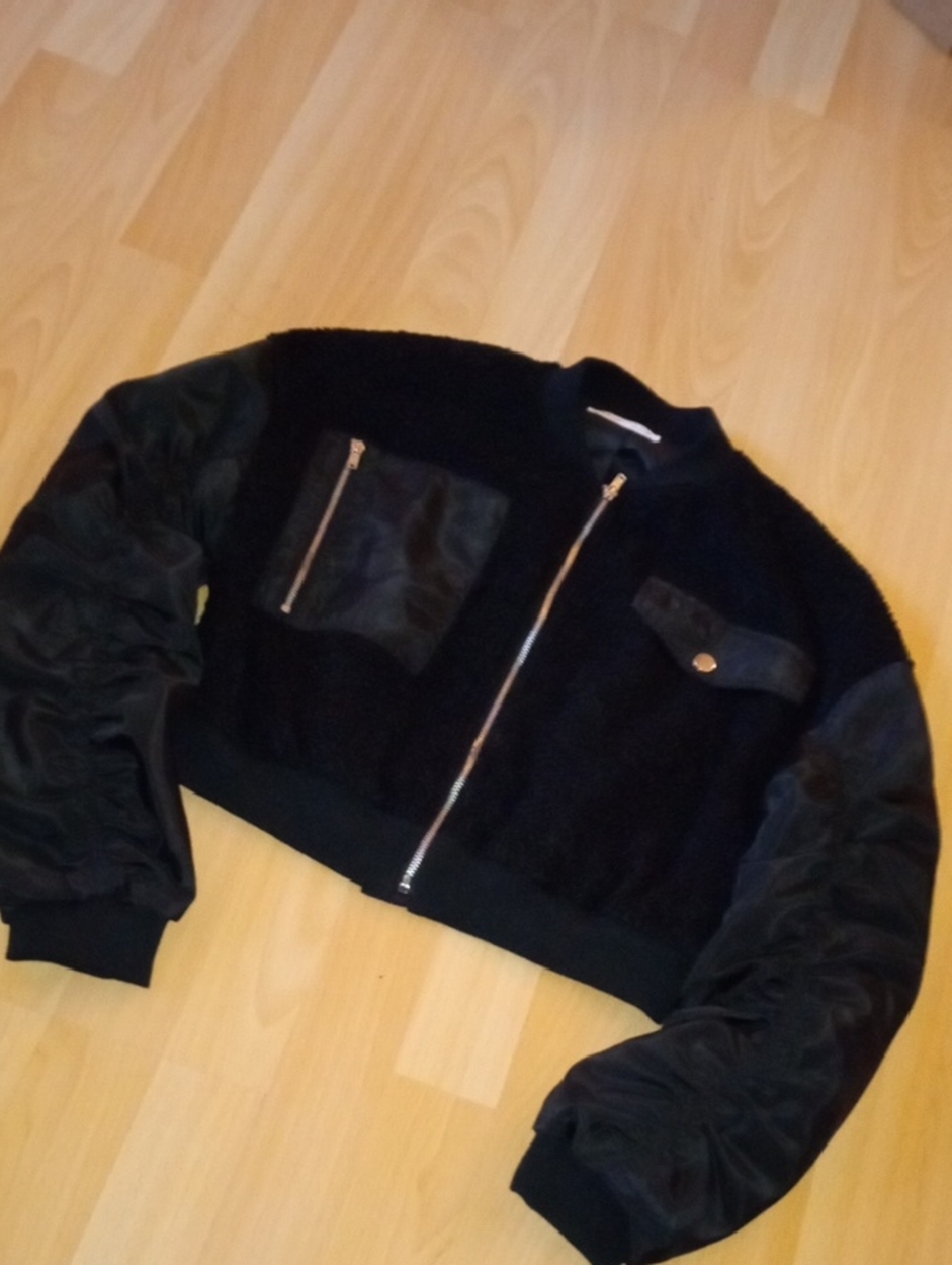 💲5⃣▶▶▶SHEIN Black Mixed-Material Bomber Jacket